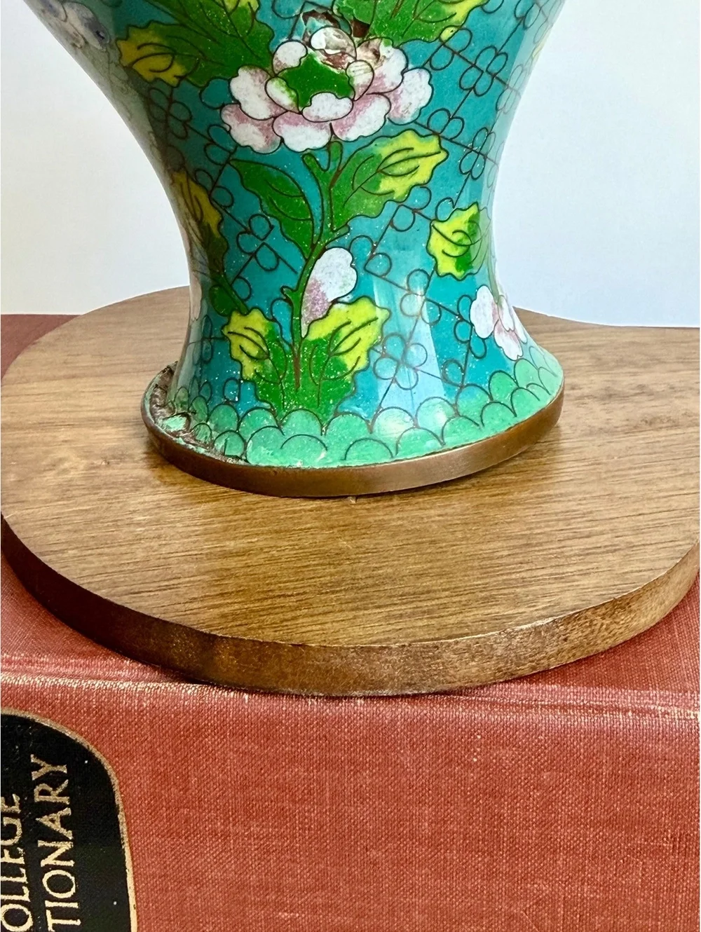 Vintage Chinese Cloisonne Enamel Vase Turquoise Floral Brass 10
